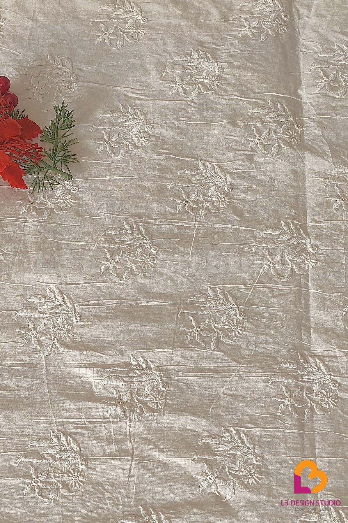 3 Meters Dyeable Cotton Fabric with Elegant Floral Thread Work