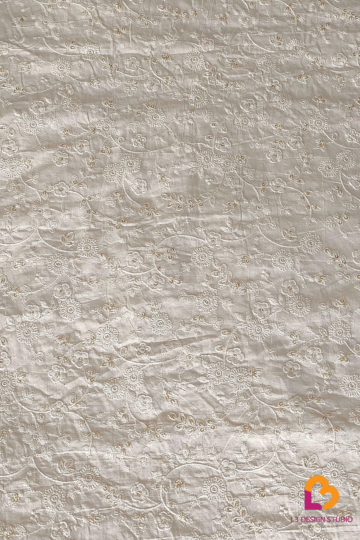 3 Meters of Dyeable Cotton Fabric with Floral Thread and Sequin Embellishments