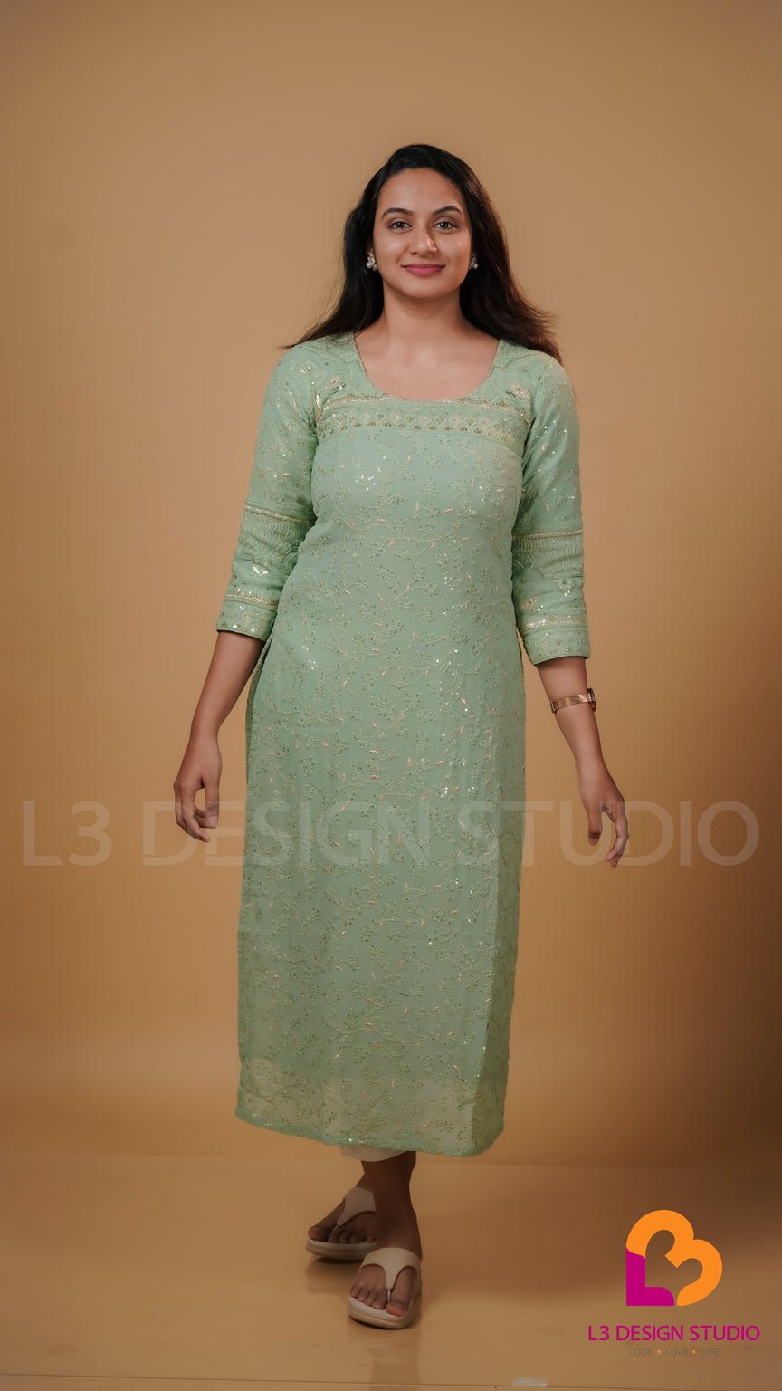 Pastel Green Chikankari Kurti with Self Sequins
