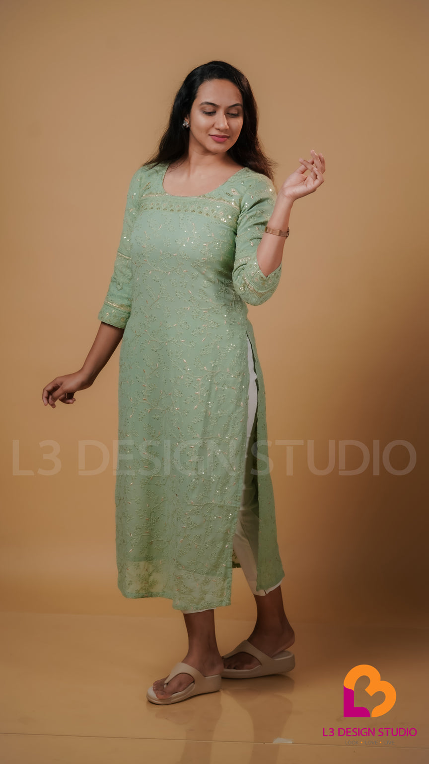 Pastel Green Chikankari Kurti with Self Sequins
