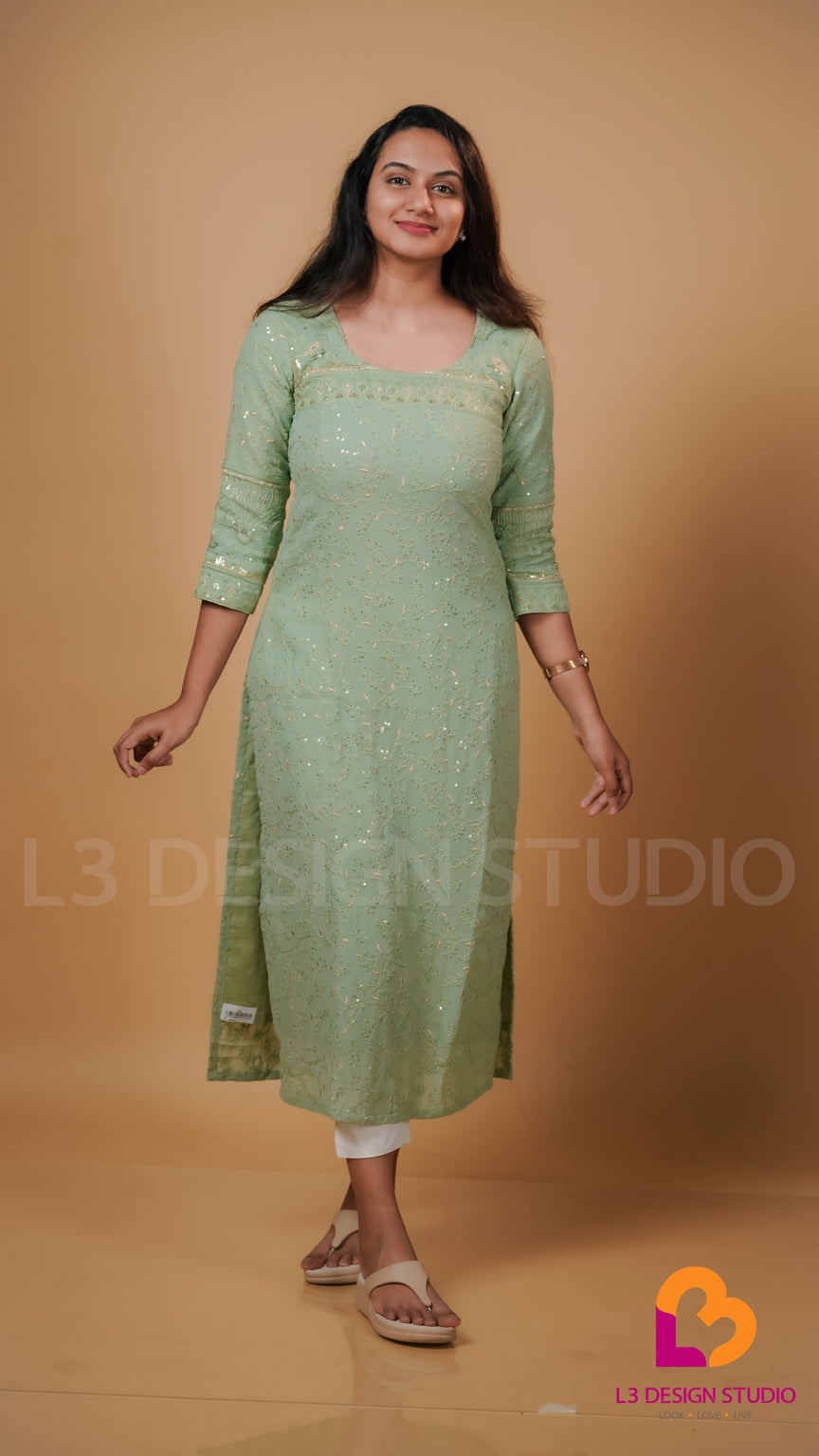 Pastel Green Chikankari Kurti with Self Sequins