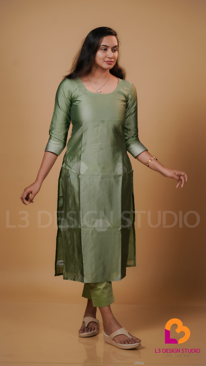 Light Green Silk Kurti with White Thread Pattern