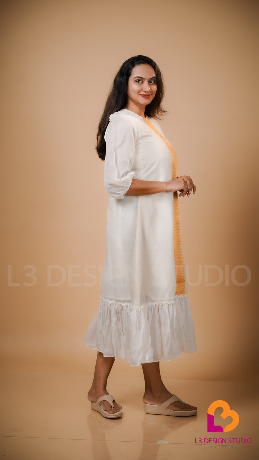 Off White Cotton Dress with Golden Kasavu and Organza Details