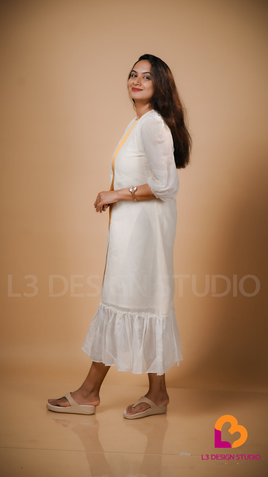 Off White Cotton Dress with Golden Kasavu and Organza Details