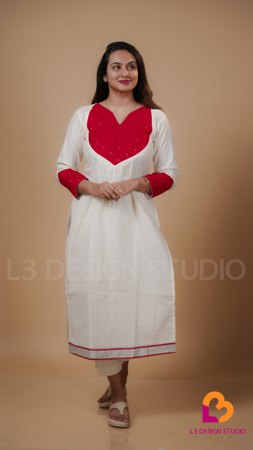 Off White Kurti with Red Golden Embroidered Silk Fabric