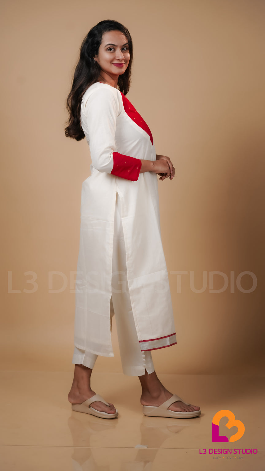 Off White Kurti with Red Golden Embroidered Silk Fabric