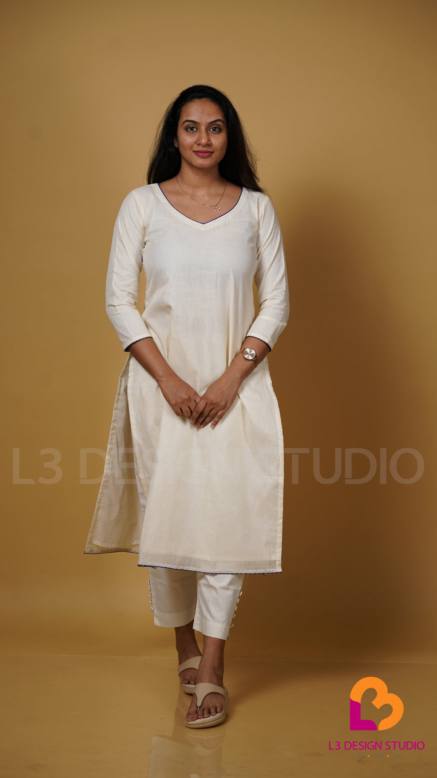 Off White Cotton Kurti with Blue Brocade Detailing