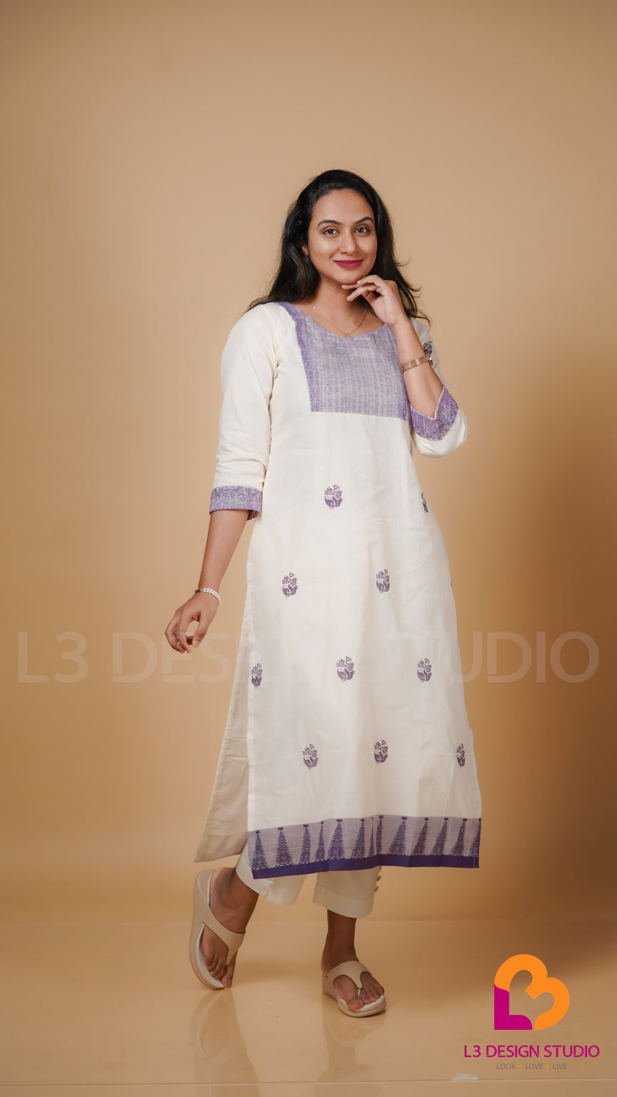 Off White Printed Kurti with Bead Work Details