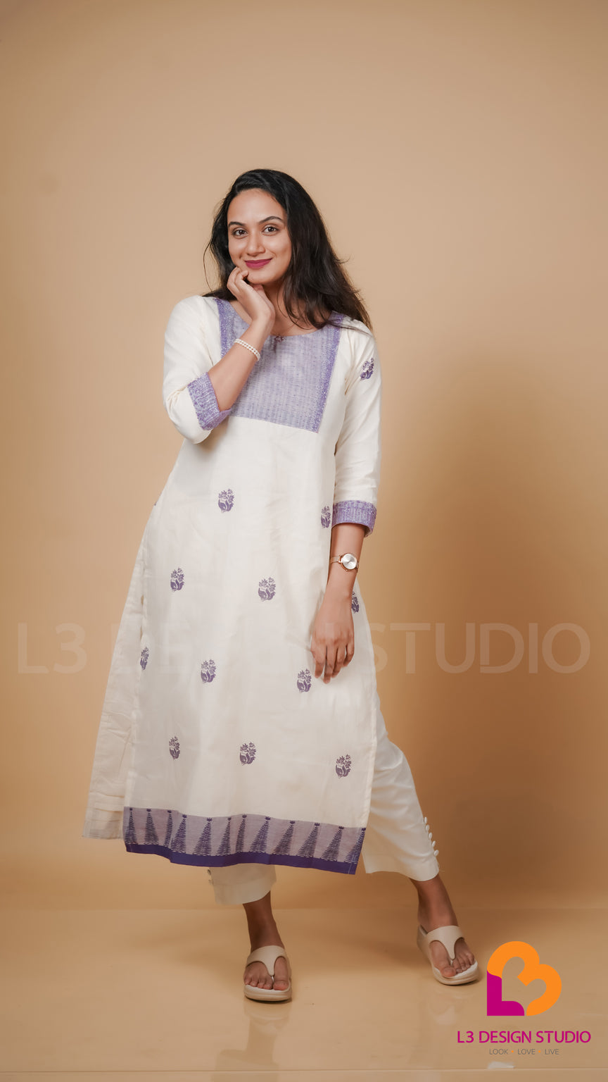 Off White Printed Kurti with Bead Work Details