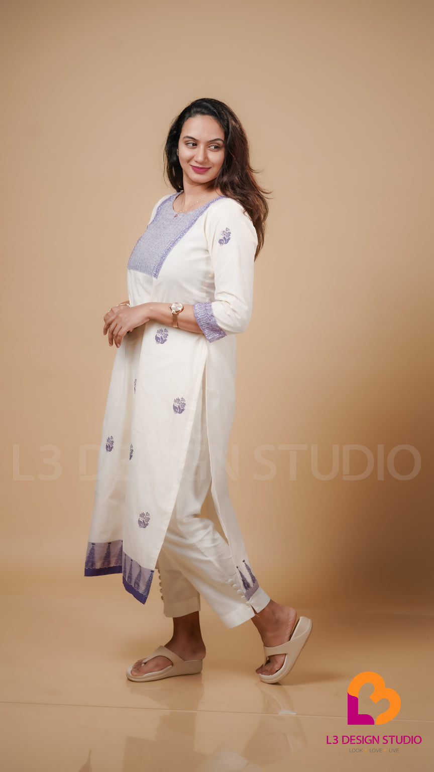 Off White Printed Kurti with Bead Work Details