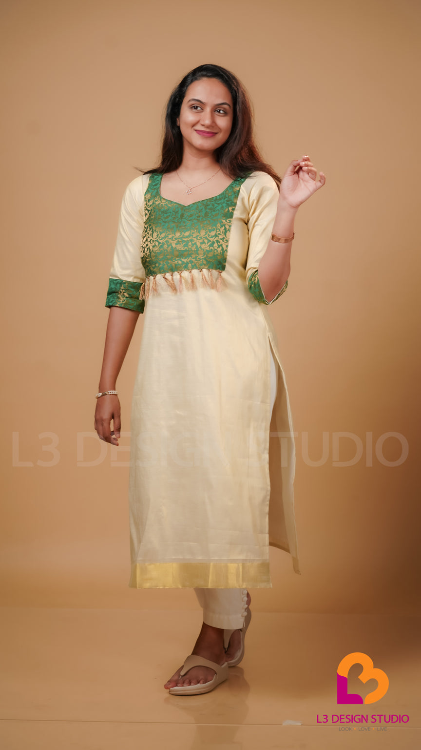 Golden Tissue Kurti with Green Brocade and Golden Accents