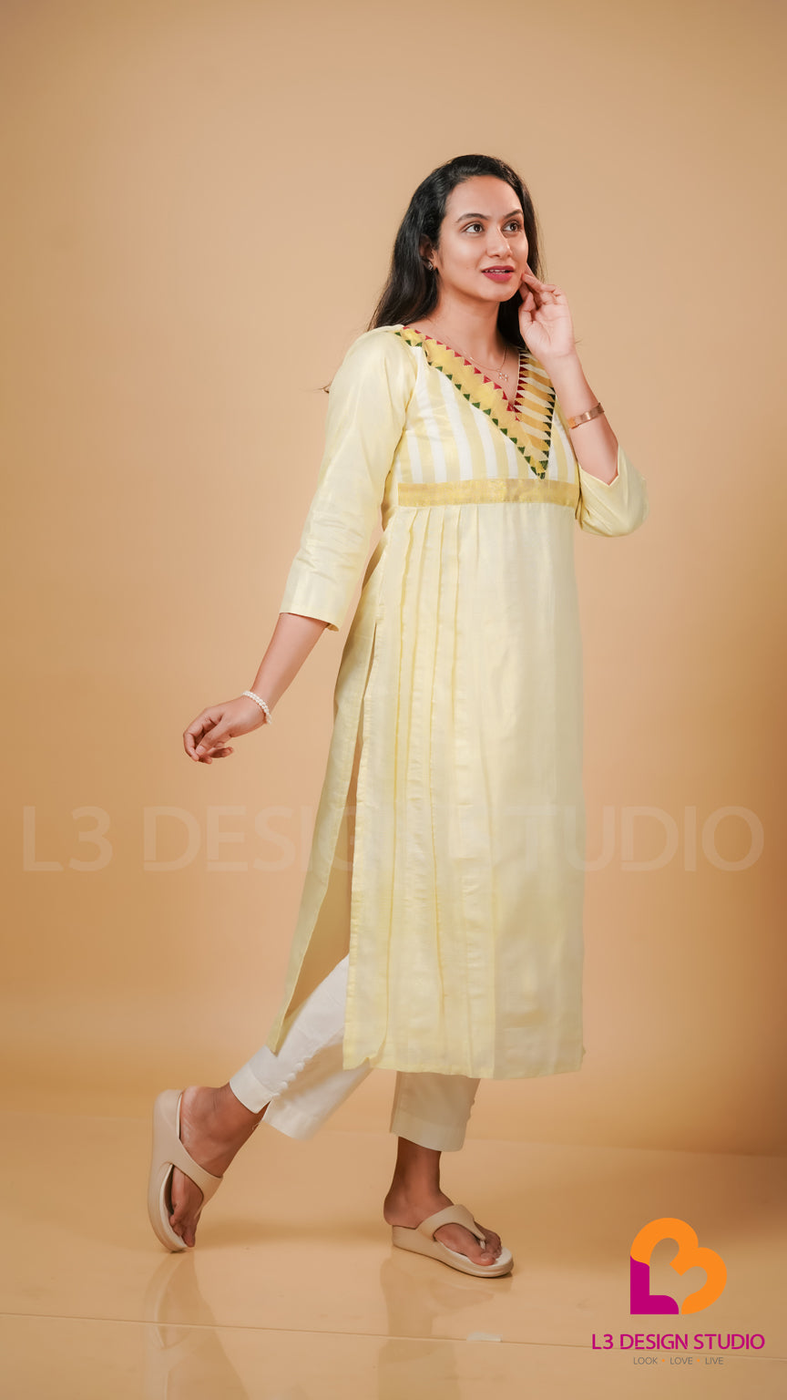 Off White Cotton Kurti with Golden Accents