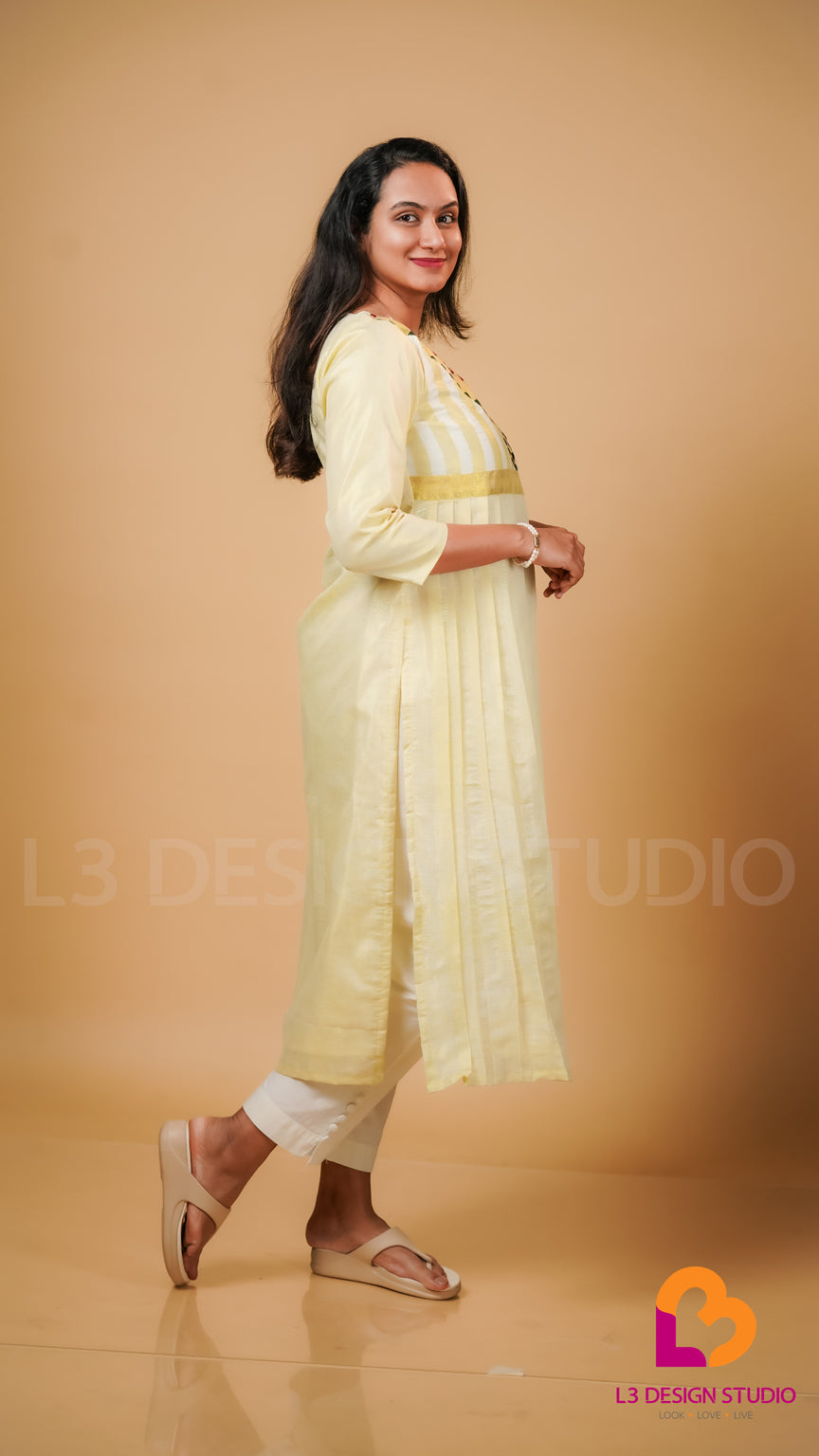 Off White Cotton Kurti with Golden Accents