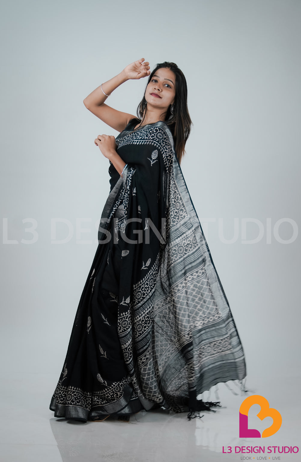 Black Linen Cotton Sari with Silver Zari Borders and Leaf Motif