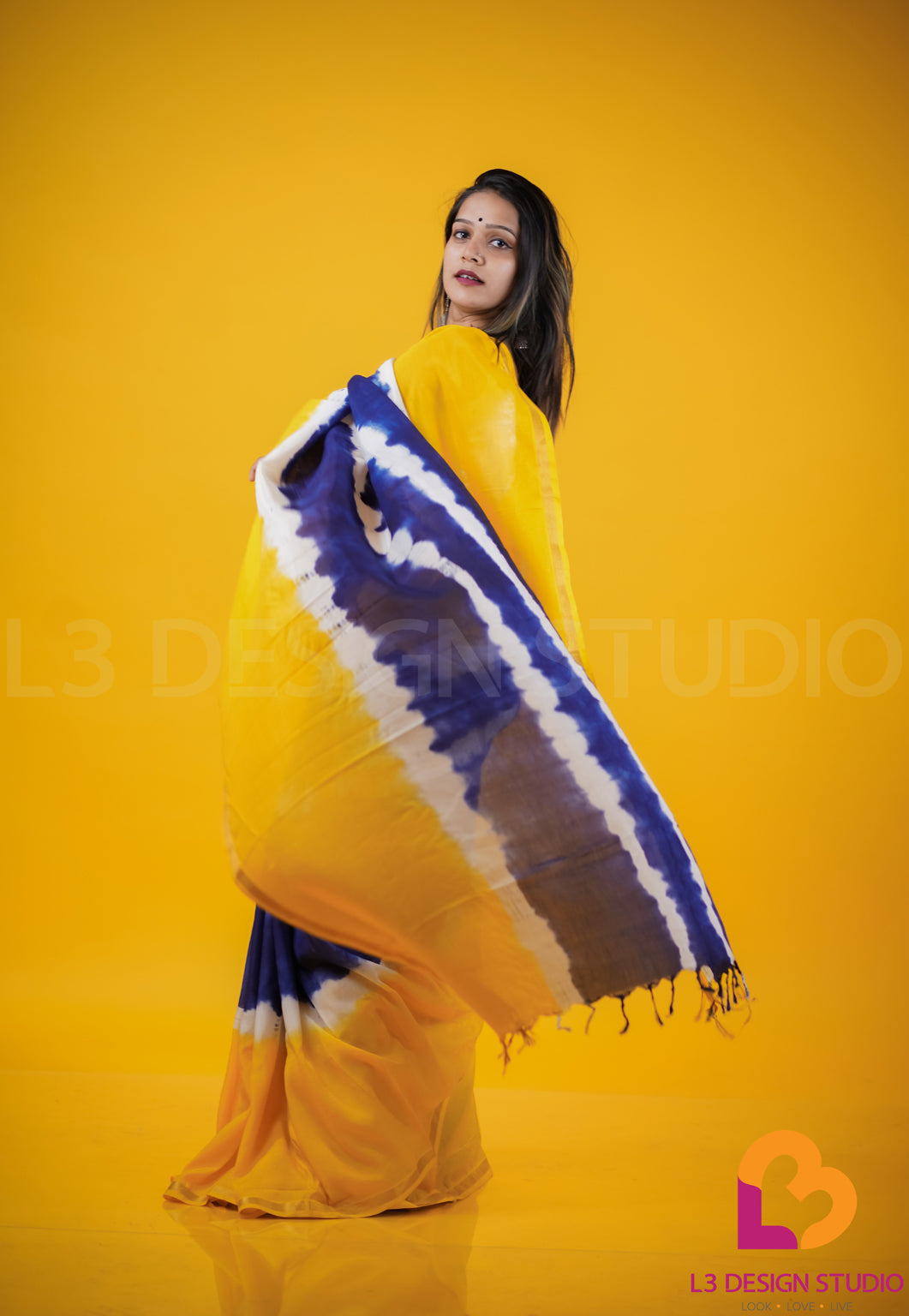 Yellow and Blue Tie-Dye Assam Silk Saree with Thin Gold Zari