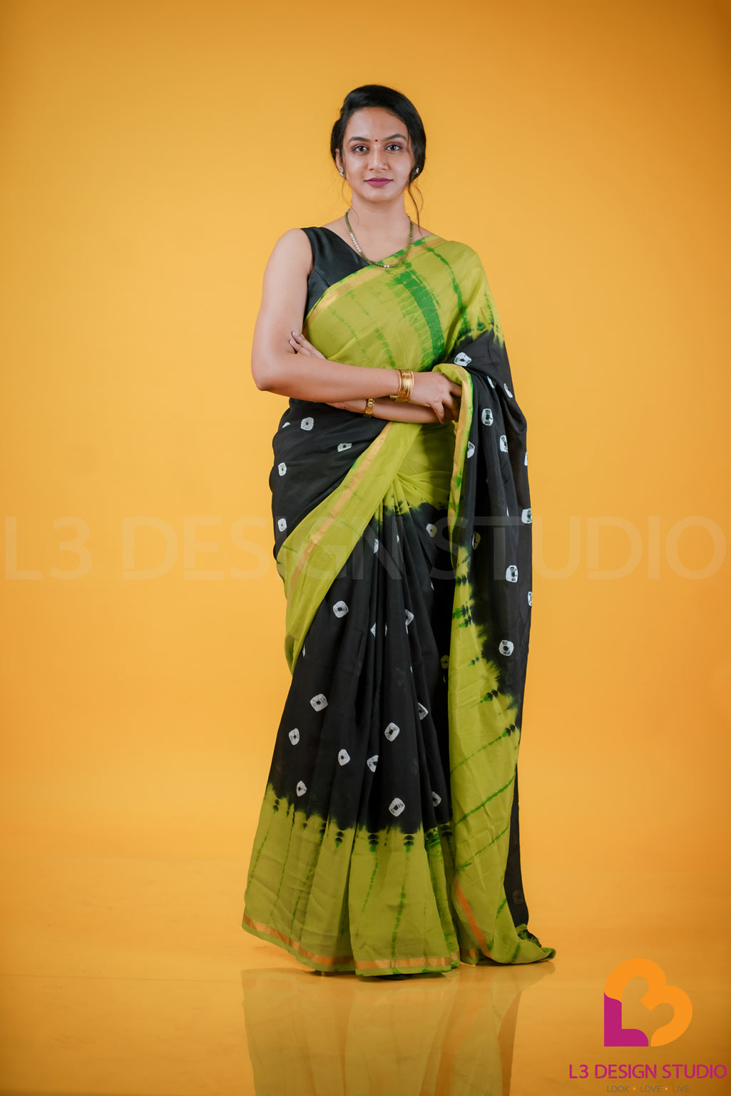 Black and Green Tie-Dye Assam Silk Saree with Thin Gold Zari