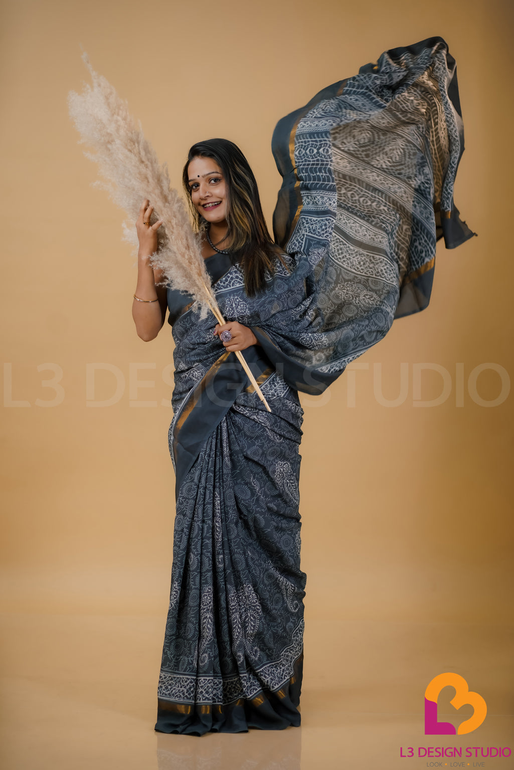 Grey Assam Silk Saree with Intricate Printing and Gold Zari Border