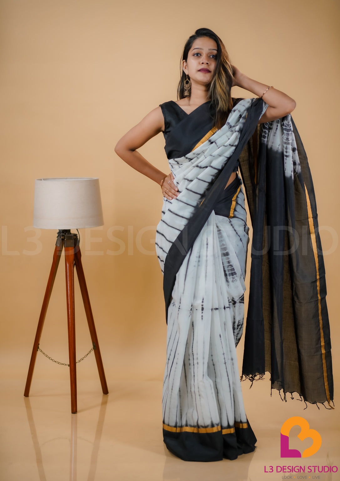 Black and White Tie-Dye Assam Silk Viscose Saree with Plain Pallu and Golden Zari Border