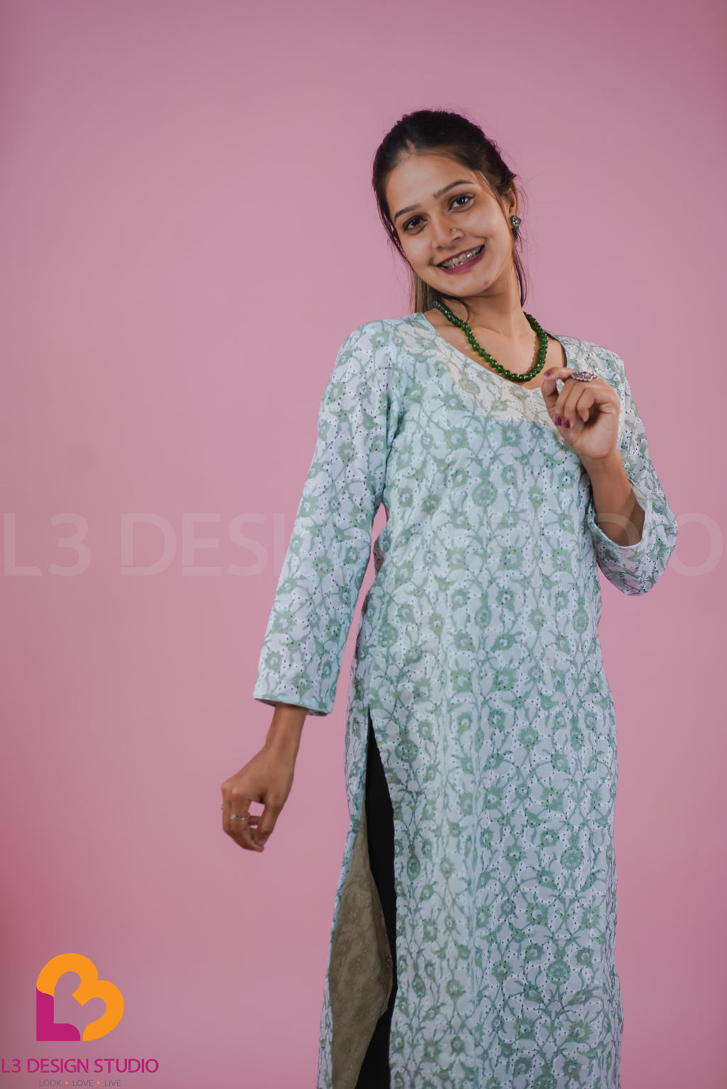 Green Kurti in printed Hakoba