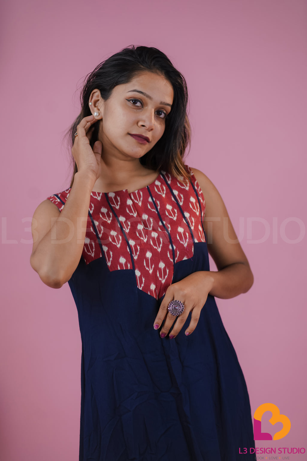 Navy Blue Sleeveless Dress with Patterned Yoke