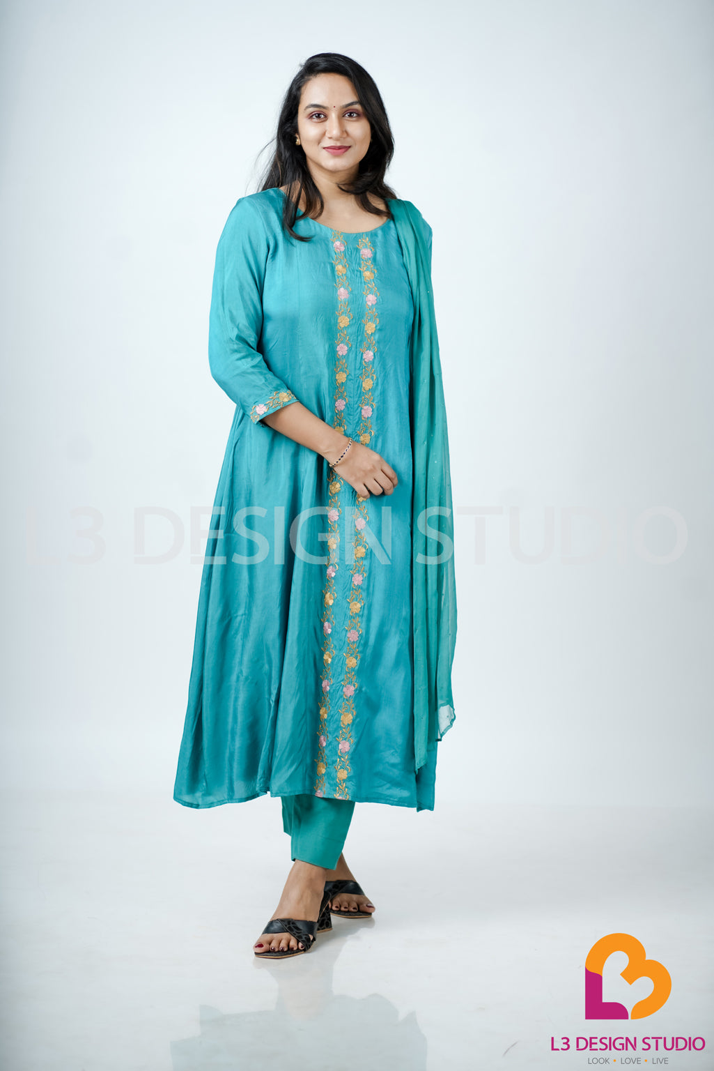 Blue & Green Luxurious Silk Panel Dress with Embroidery and Sequin Dupatta