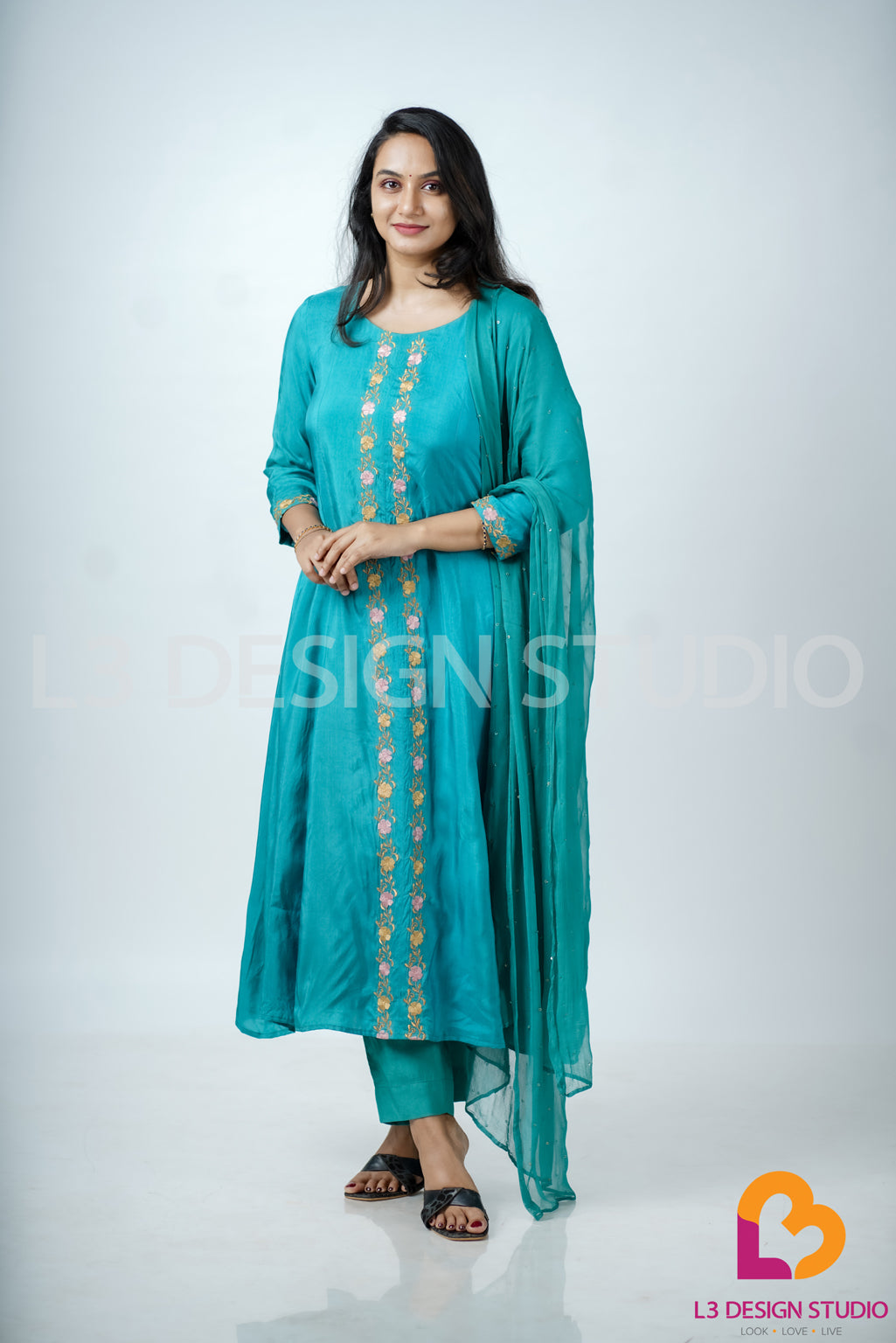 Blue & Green Luxurious Silk Panel Dress with Embroidery and Sequin Dupatta
