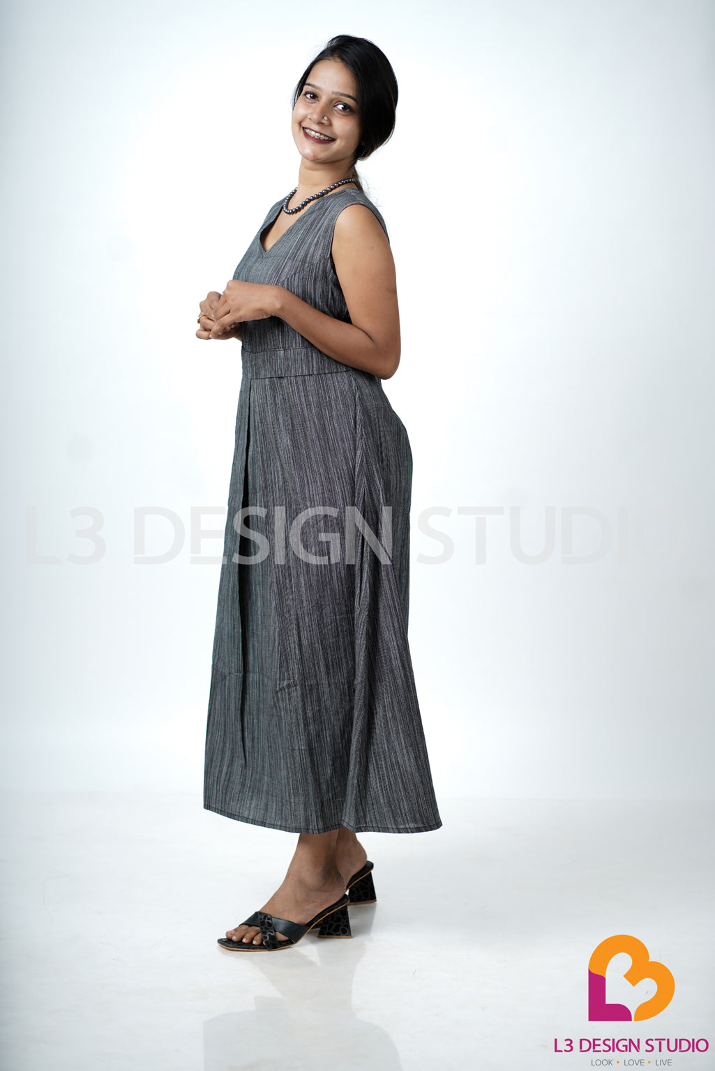 Grey and Black Lines Sleeveless Dress with Front Slit