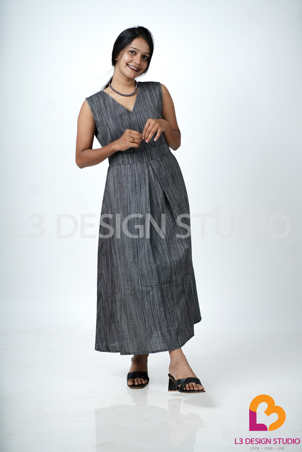 Grey and Black Lines Sleeveless Dress with Front Slit