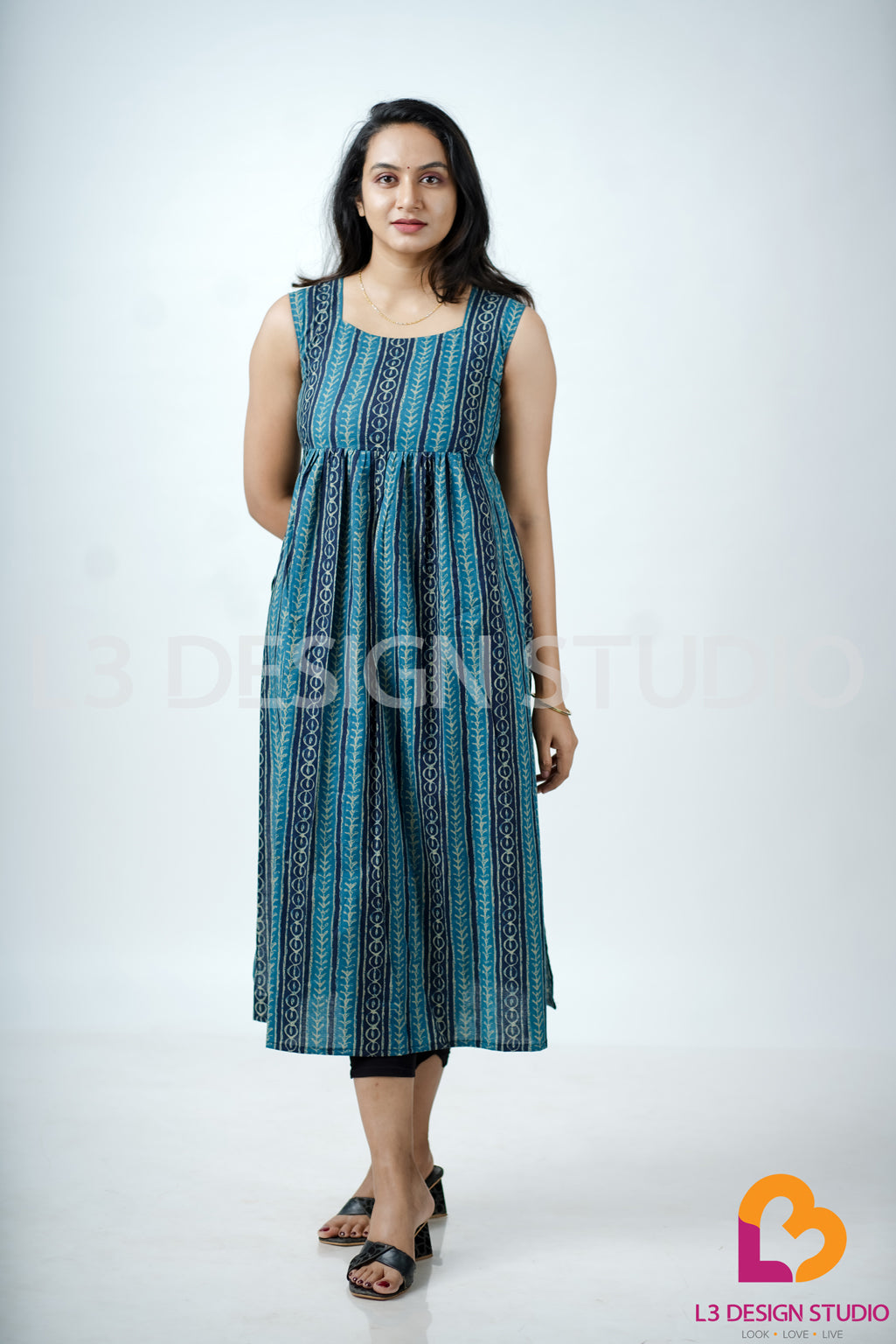 Navy and Light Blue Printed Cotton Sleeveless Dress