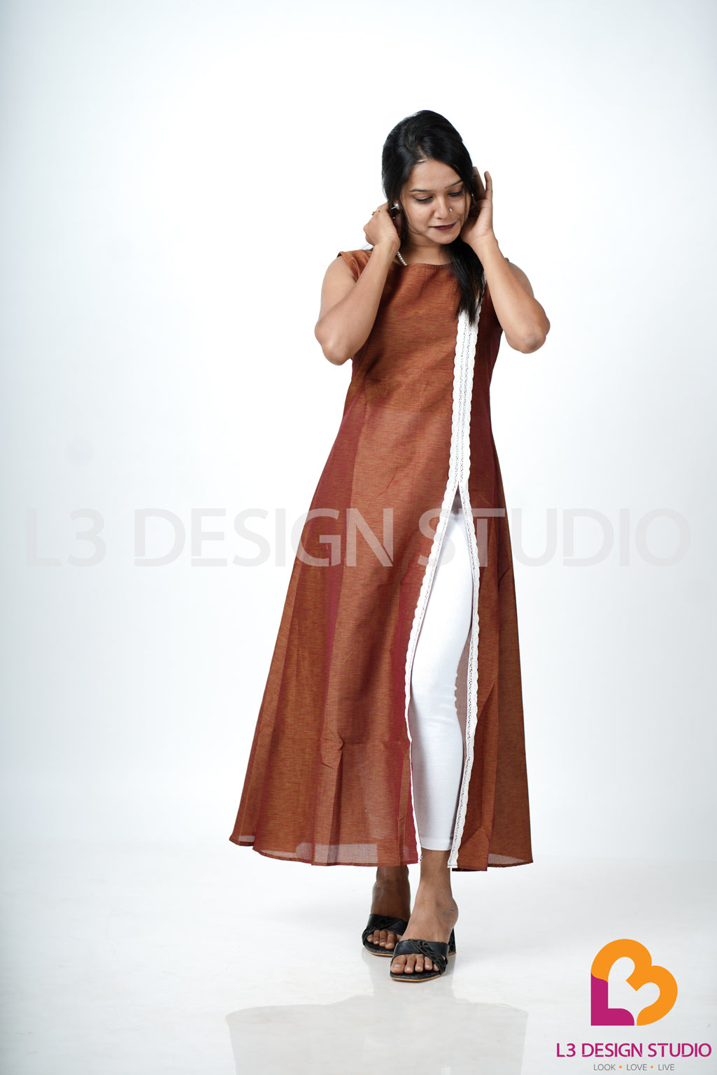 Brown Sleeveless Cotton Silk Dress with Lace Detailing
