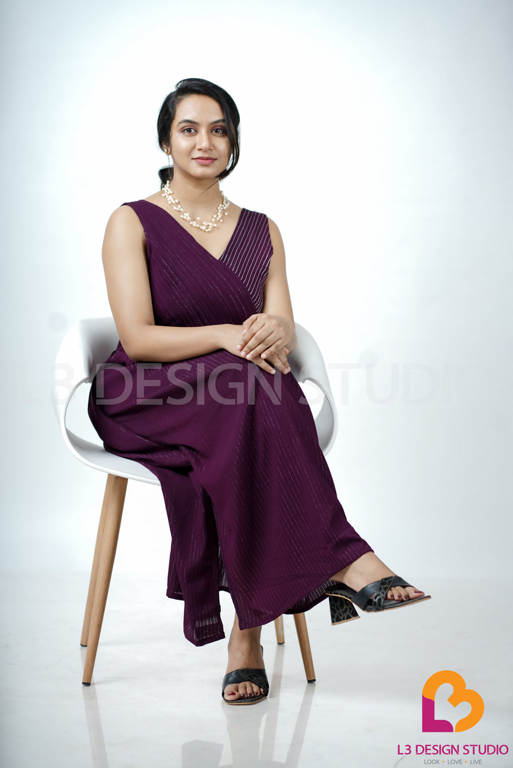 Purple Sequined Georgette Dress with V-Neck and Pintucks