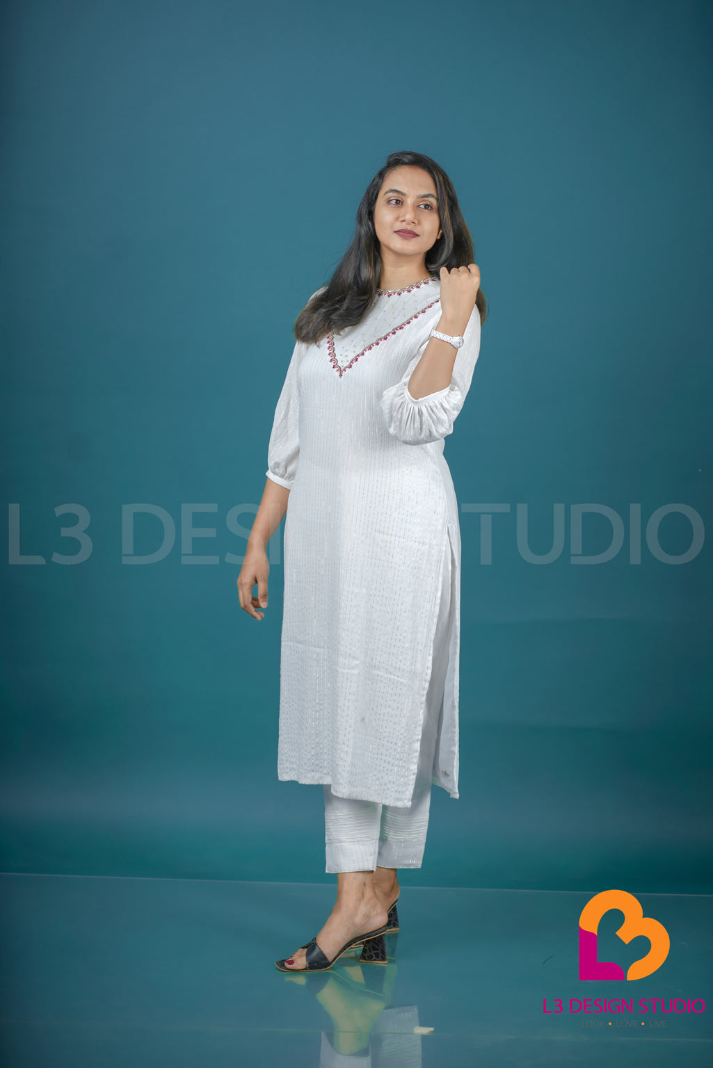 White Silver Lined Rayon Kurti with Embroidered Neck