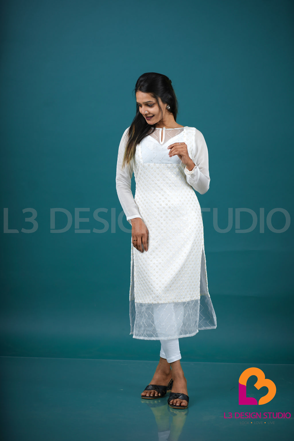 Off White Designer Viscose Georgette Kurti with Organza Details