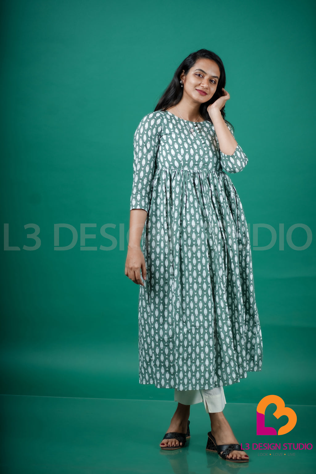 Green Printed Cotton Dress with Front High Slit and Yoke