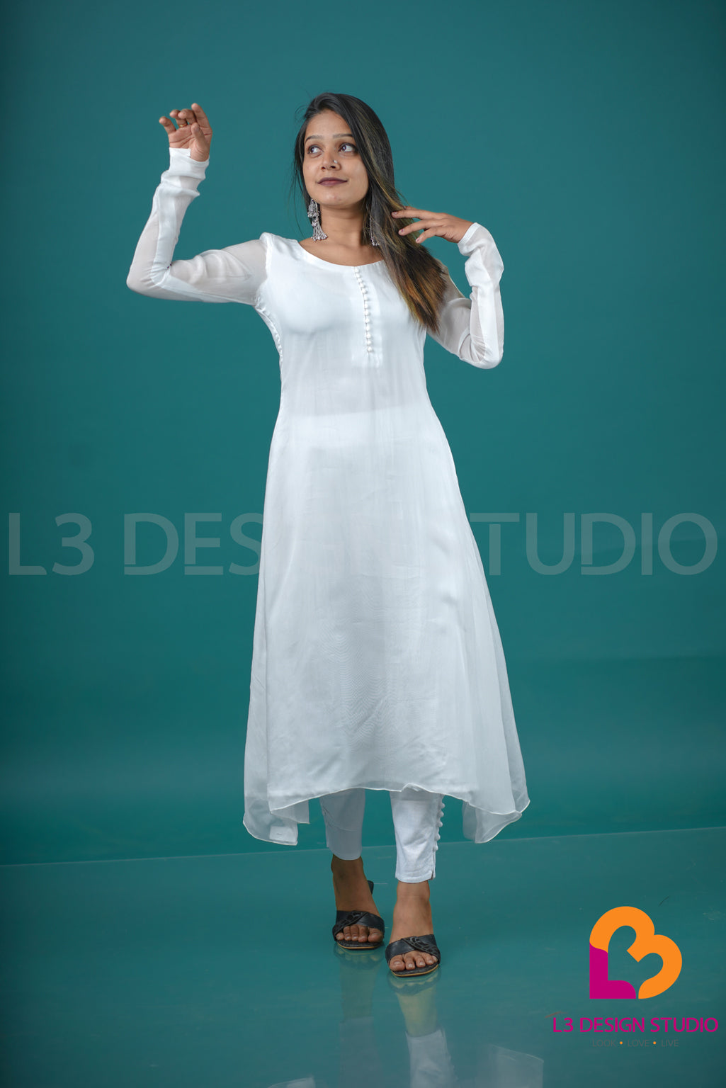 Off White Organza Dress with Sponge Buttons and Churi Sleeves