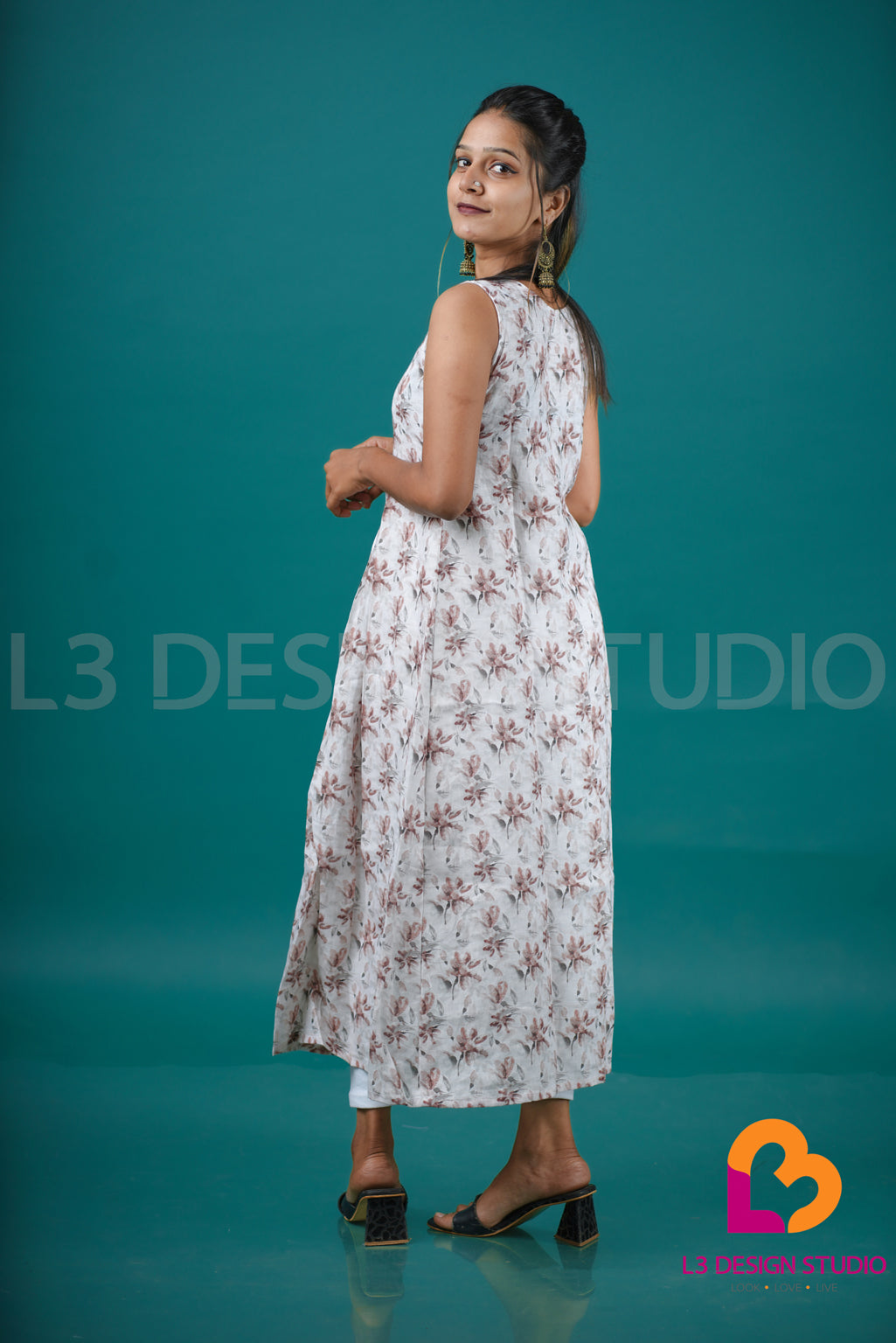 Pastel Peach Printed Linen Sleeveless Dress