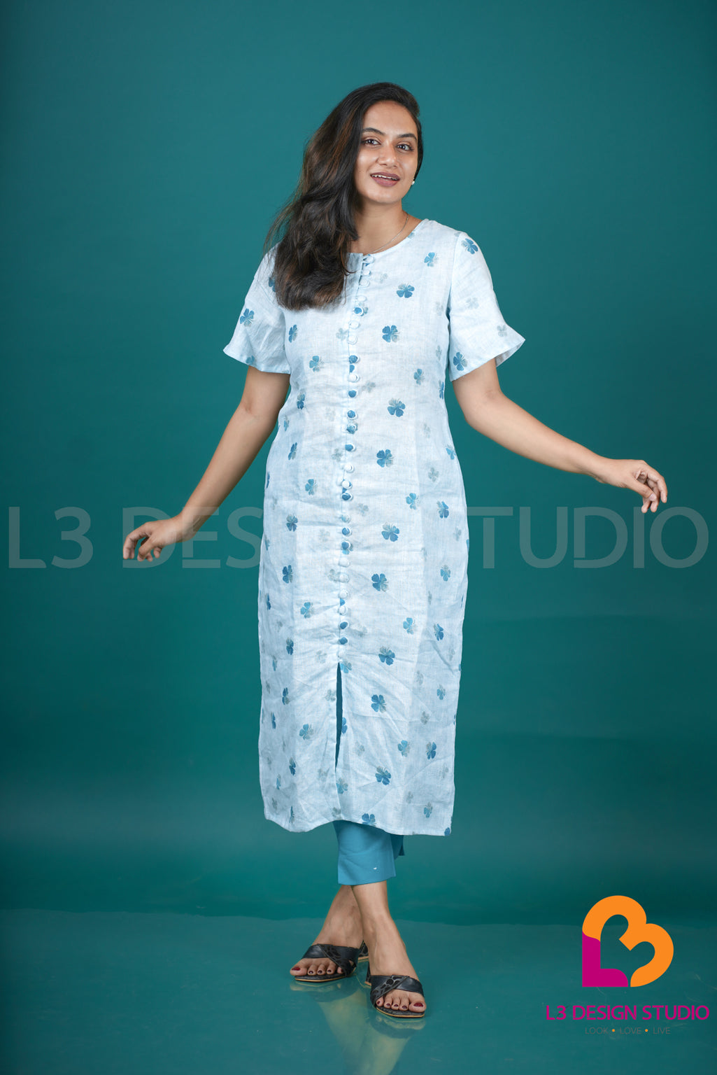 Pastel Blue Printed Linen Dress