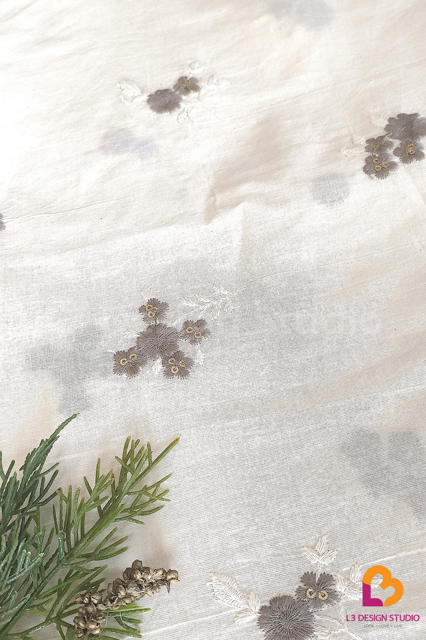 Dyeable Cotton Fabric with Floral Embroidery and Sequins - 3 Meters in Pink and Grey