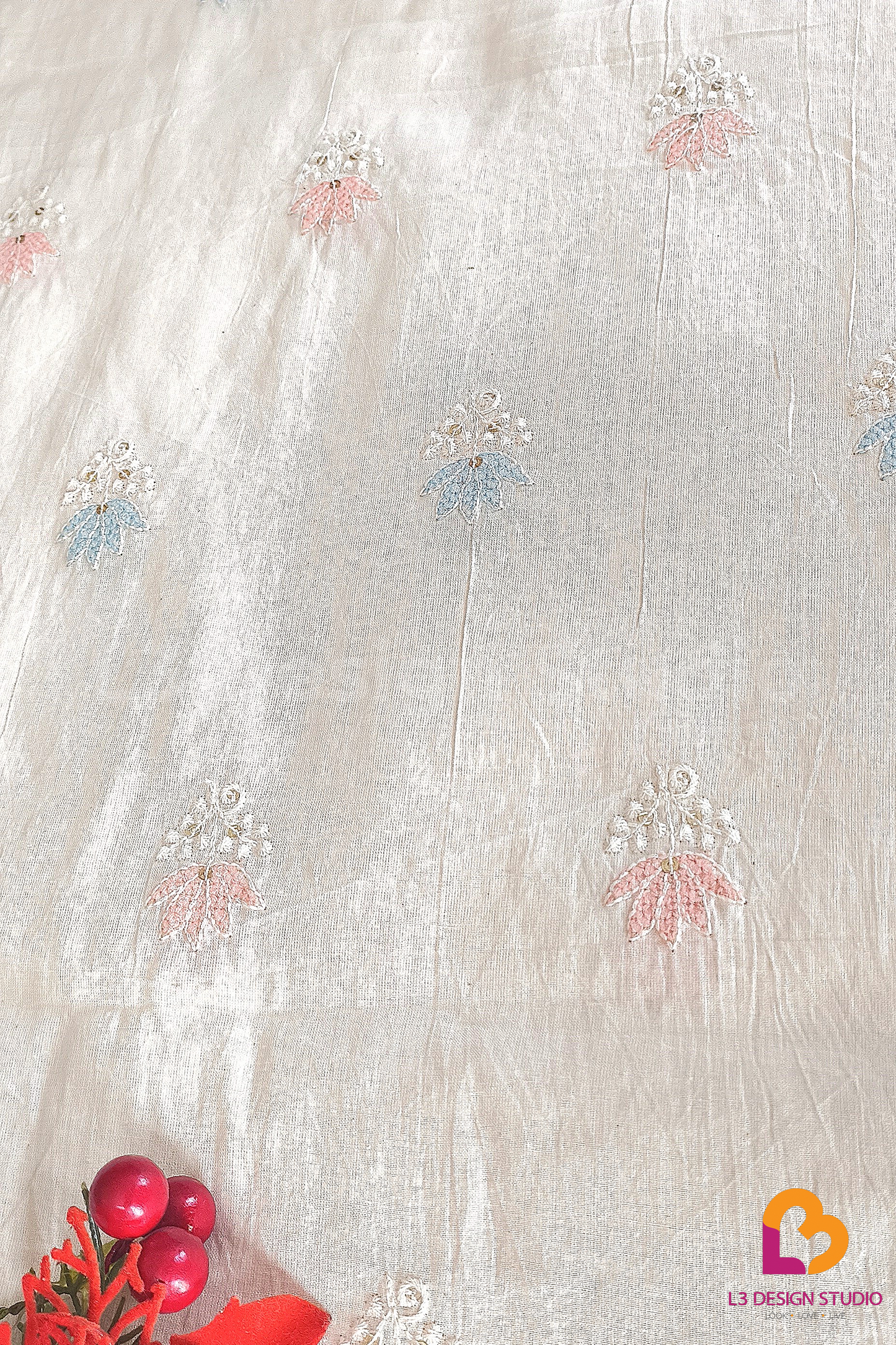 Beautifully Embroidered Floral Thread Work on 3 Meters of Dyeable Cotton