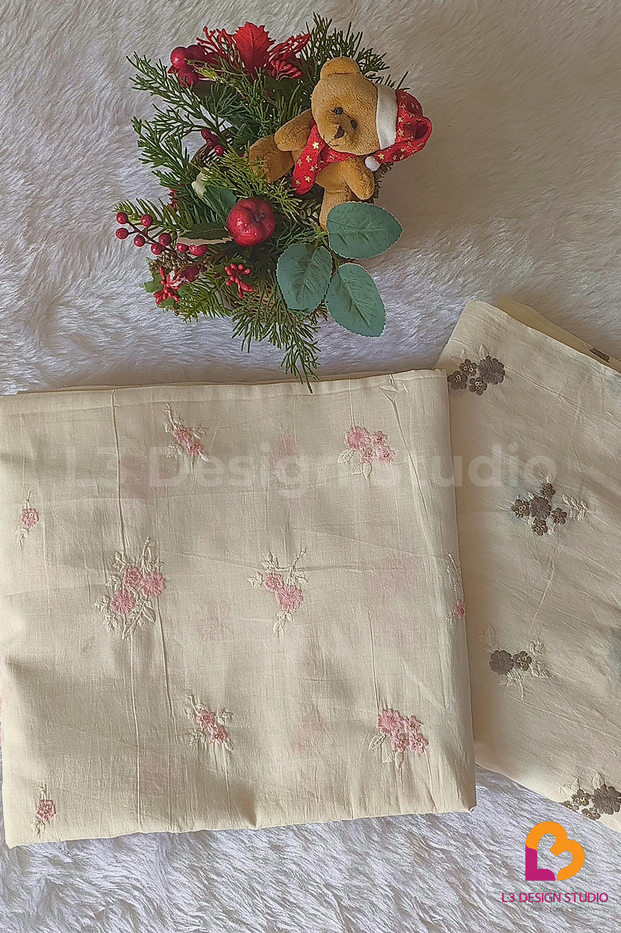 Dyeable Cotton Fabric with Floral Embroidery and Sequins - 3 Meters in Pink and Grey