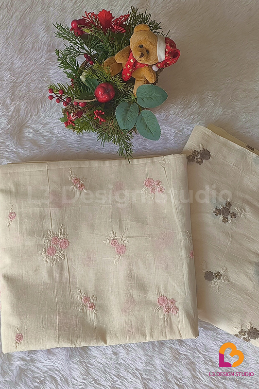 Dyeable Cotton Fabric with Floral Embroidery and Sequins - 3 Meters in Pink and Grey
