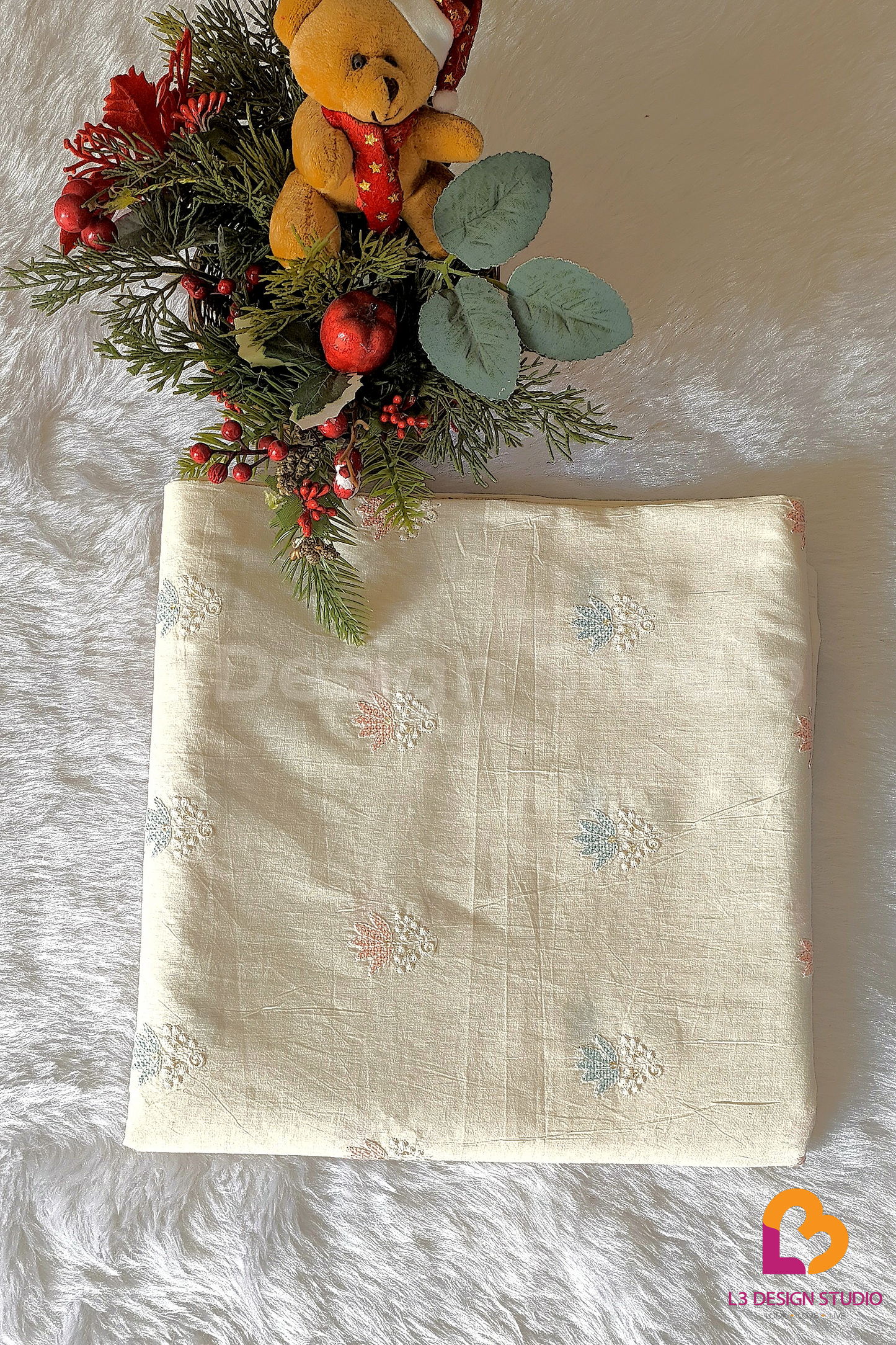 Beautifully Embroidered Floral Thread Work on 3 Meters of Dyeable Cotton