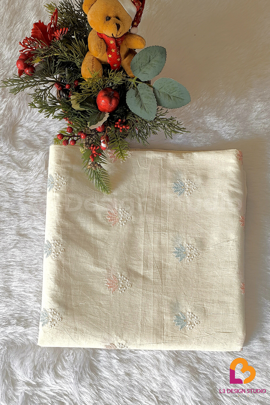 Beautifully Embroidered Floral Thread Work on 3 Meters of Dyeable Cotton