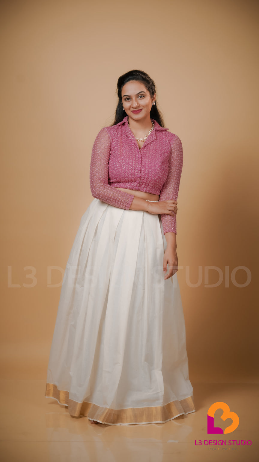 Onam Special Kasavu Cotton Skirt with Embroidered Net Crop Top