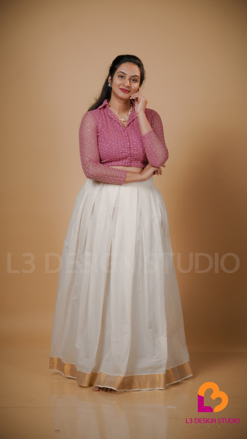 Onam Special Kasavu Cotton Skirt with Embroidered Net Crop Top