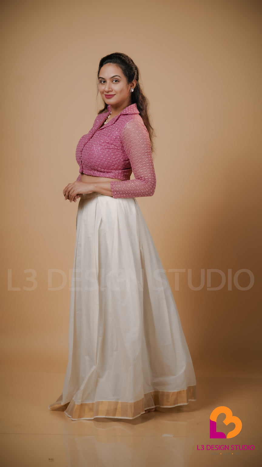 Onam Special Kasavu Cotton Skirt with Embroidered Net Crop Top