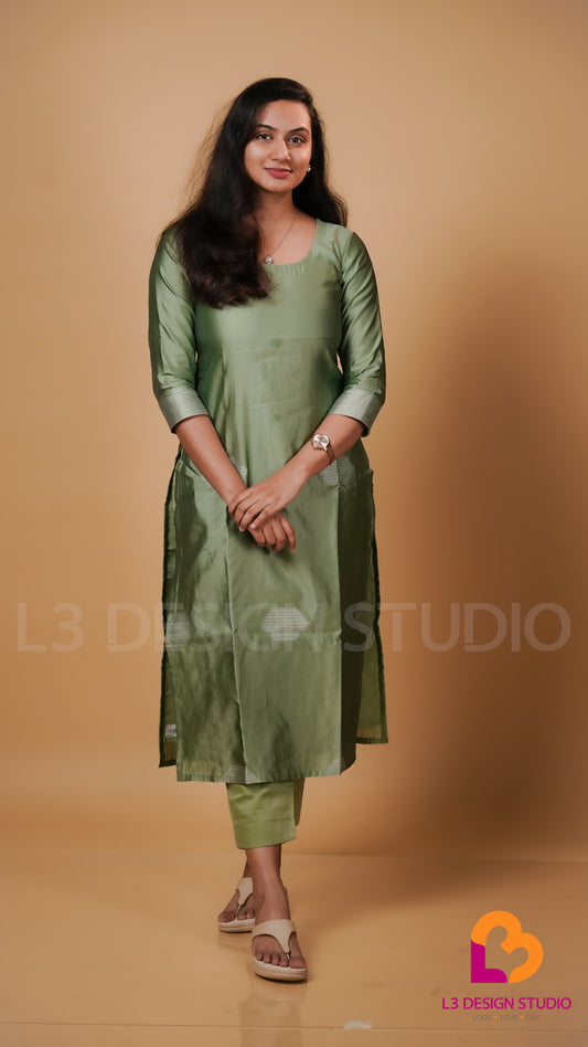 Light Green Silk Kurti with White Thread Pattern