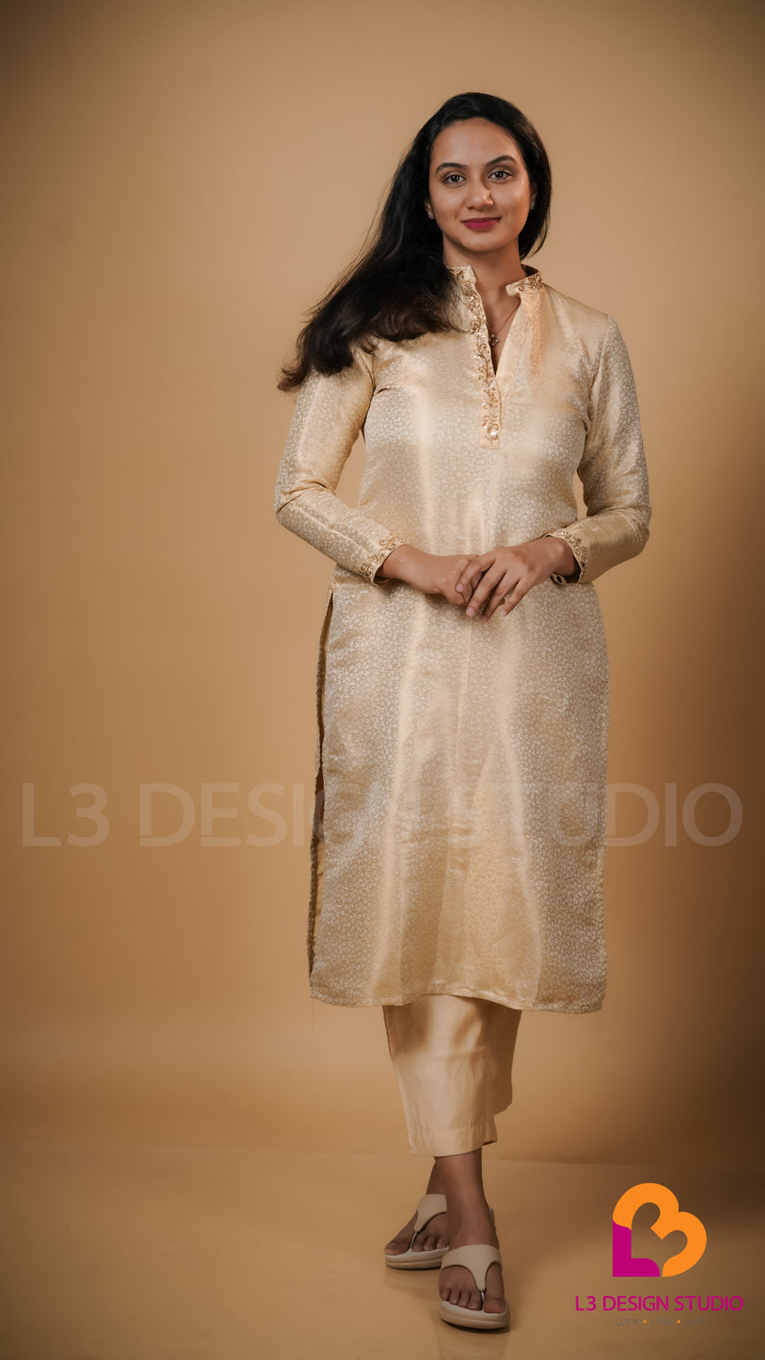 Beige Brocade Silk Juba Kurti with Zardozi Work