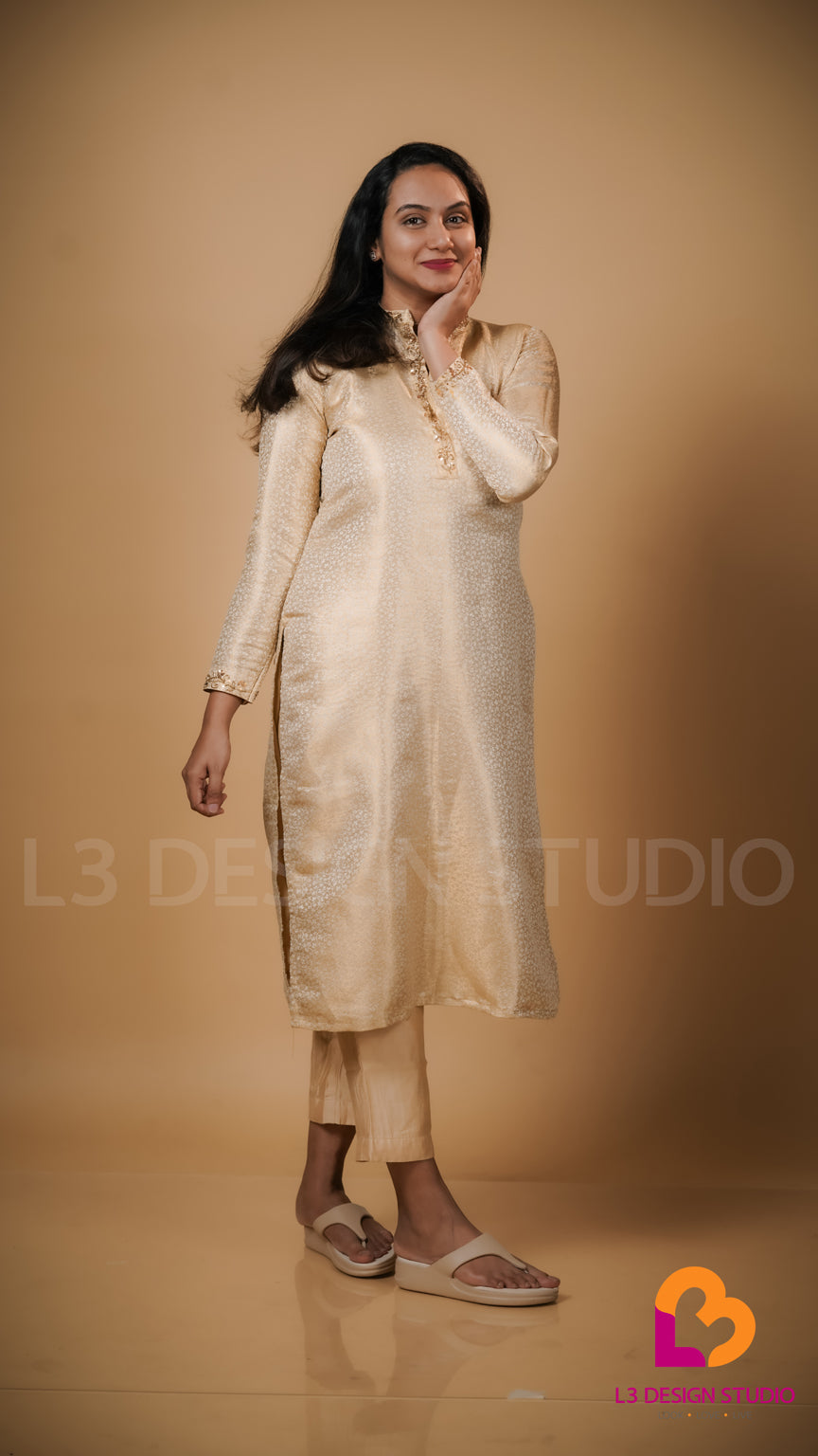 Beige Brocade Silk Juba Kurti with Zardozi Work