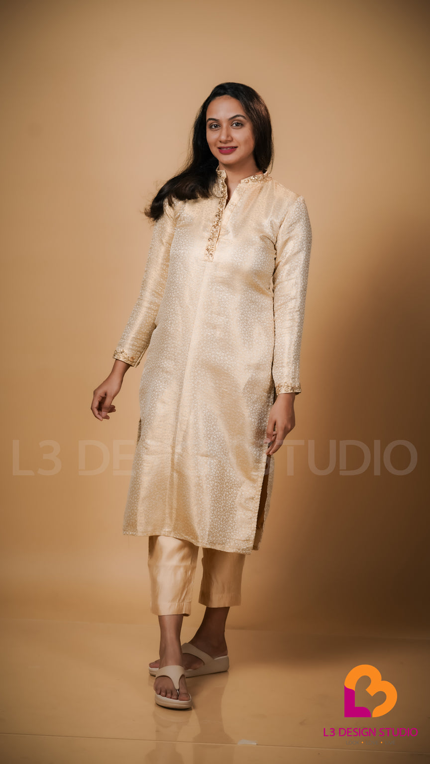 Beige Brocade Silk Juba Kurti with Zardozi Work